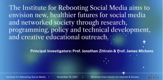 actuallyj3nn's tweet photo. Attending the The Technology Future We Want workshop hosted by the Institute for Rebooting Social Media at @BKCHarvard! Loving their sparkly slides ✨ https://t.co/9yyOkcRLPm