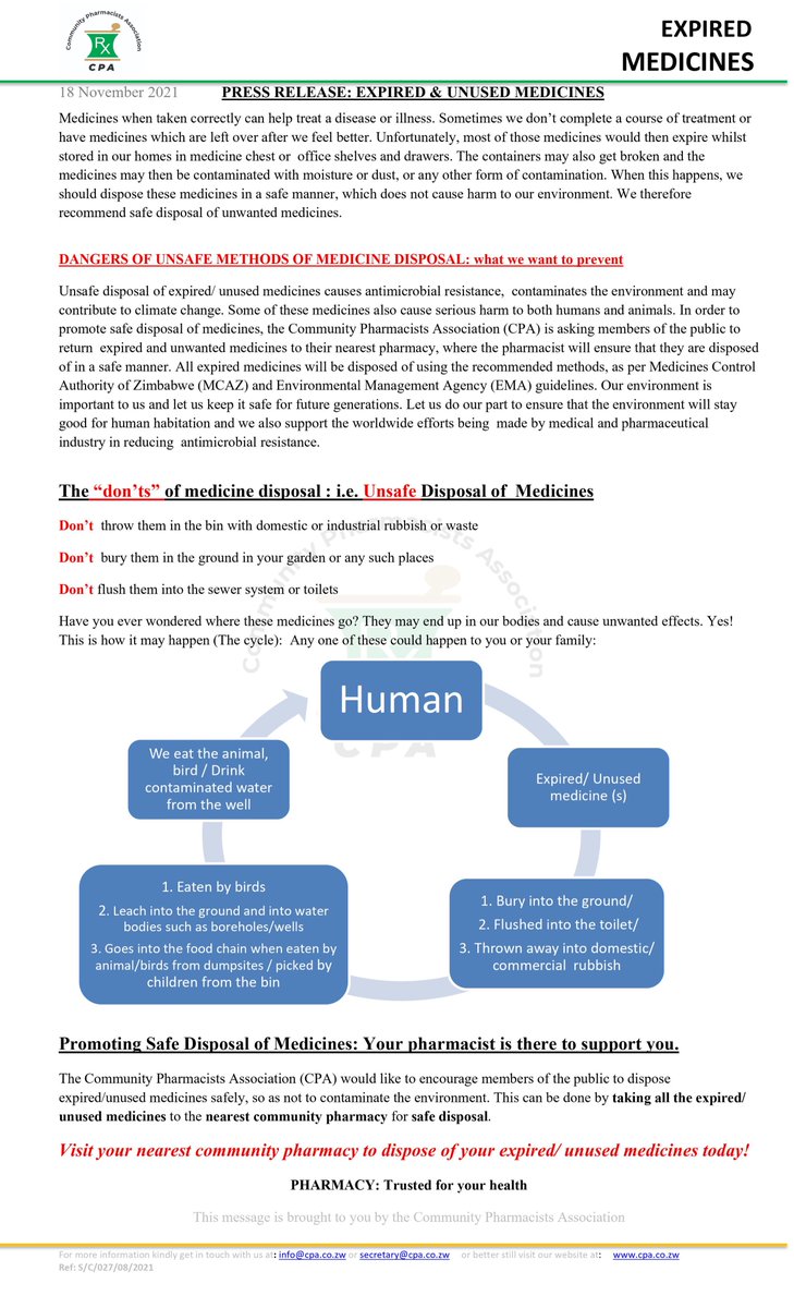 Community Pharmacists Association is advising members of the public to take all their EXPIRED/ UNUSED medicines to their nearest pharmacy for safe disposal @MoHCCZim @InfoMinZW @Jamwanda2 @nickmangwana @EMAeep @edmnangagwa @FIP_org @daddyhope @ProfJNMoyo @PSZ_Org