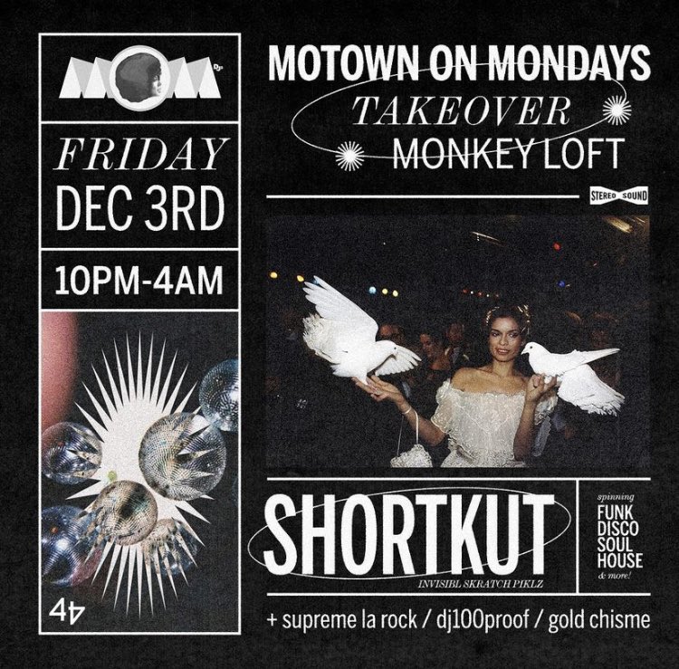 Put this in your calendar, Motown takeover at Monkey Loft Friday Dec 3rd w/ local legends and the 🐐 himself, SHORTKUT!