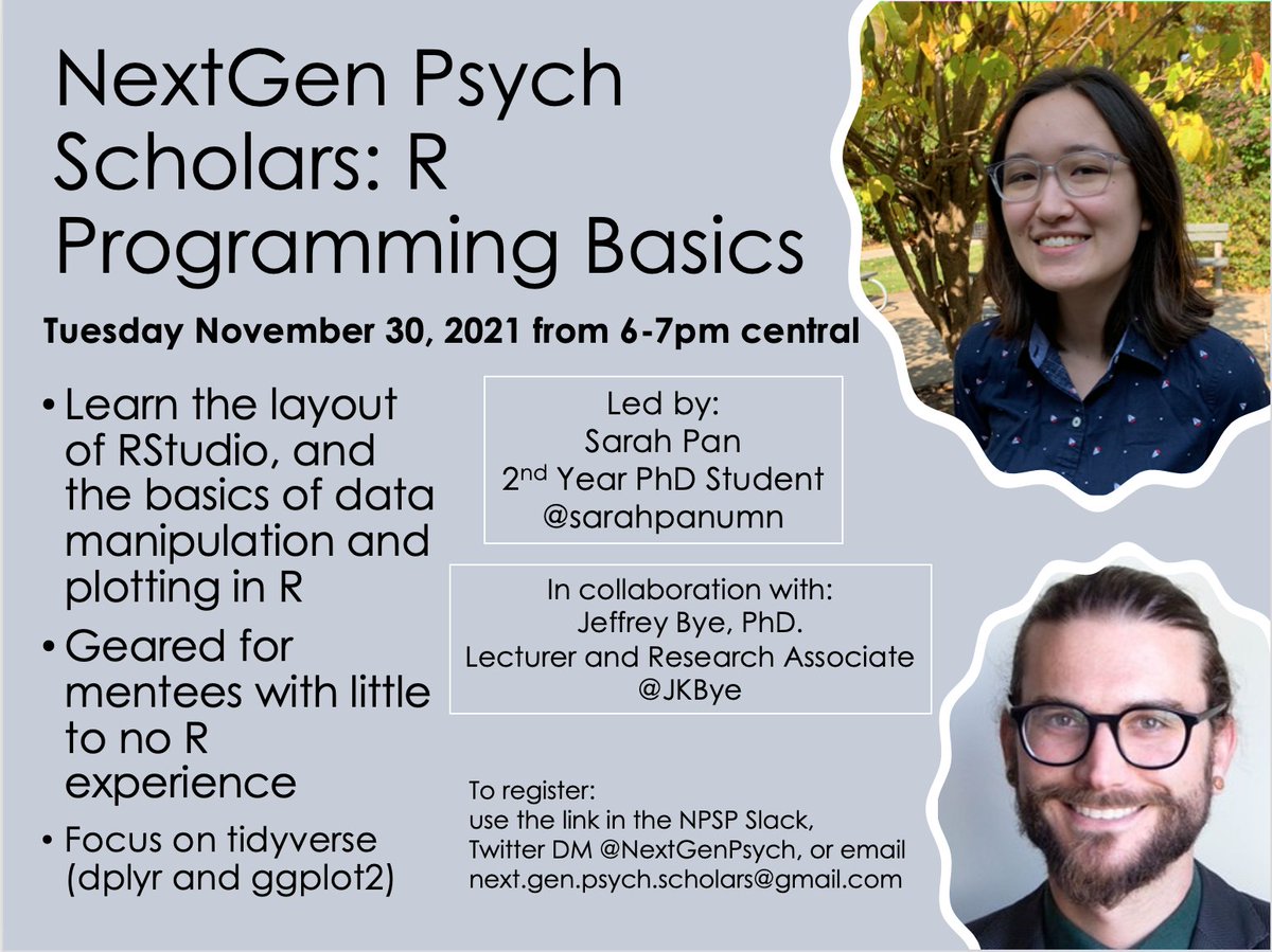 NextGenPsych's tweet image. 🚨#NPSP is thrilled to host an R programming workshop for aspiring #PhD (and/or 1st year PhD) students, led by #nextgen mentors &amp;amp; coding wizards 🧙 @sarahpanumn &amp;amp; @JKBye. Details below!