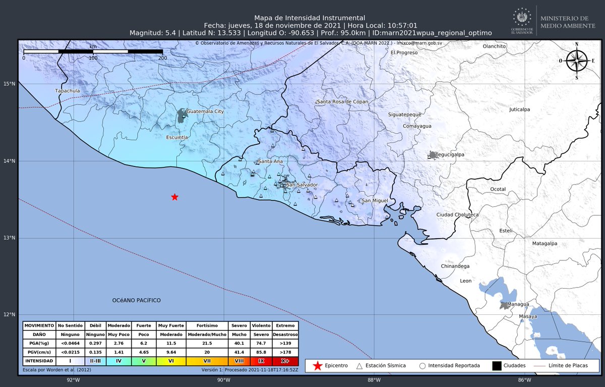MedioAmbienteSV's tweet photo. 📌#ElObservatorioInforma Mapa de intensidad instrumental tras la ocurrencia de sismo mag. 5.4, frente a la costa de Guatemala. [2021-11-18, 10:57:01]. https://t.co/aS2J0eEFGk