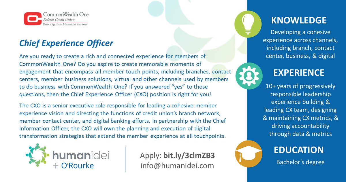 OrourkeConsult's tweet photo. Join a #creditunion focused on building for the future while delivering a great experience in the now. @COFCU is seeking a Chief Experience Officer. Get the details and apply at https://t.co/SlXg7A1xi4 or send your resume and cover letter to info@humanidei.com. #CXO https://t.co/ziLUPWuakT