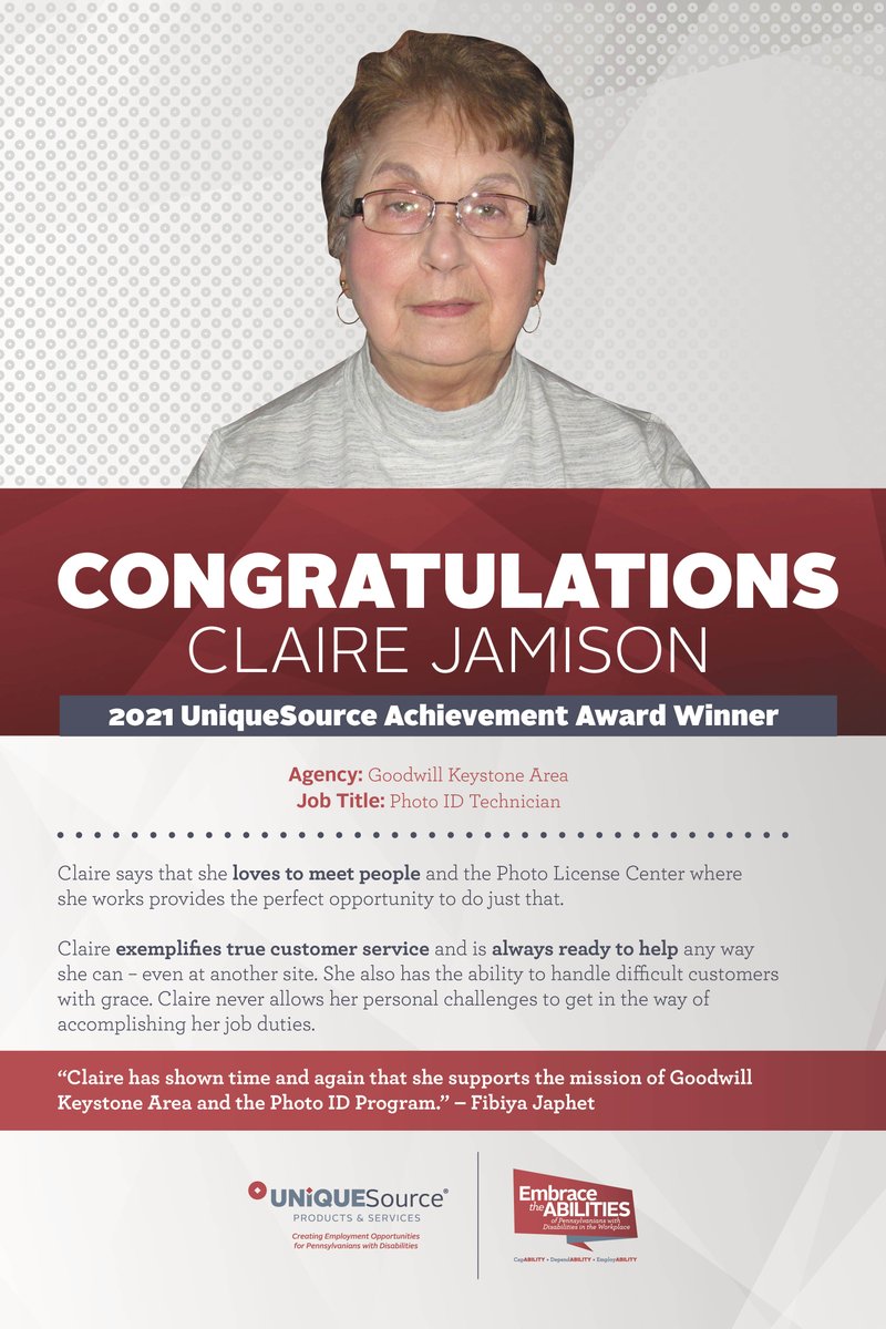 UniqueSourcePA's tweet image. The UniqueSource spotlight shines this week on Claire Jamison!  Clare is a 2021 UniqueSource Achievement Award Winner from Goodwill Keystone Area, where she is employed as a Photo ID Technician.  Thank you Claire for all you do!!!