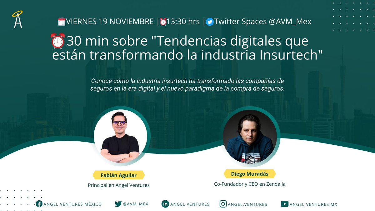 AVM_Mex's tweet photo. #AVSession🎙️ ¡Conoce las tendencias digitales que están transformando la industria Insurtech💥MAÑANA a la 1:30PM⏰ por #TwitterSpaces junto con @DiegoMuradas, CEO y Co-Fundador en @MasterZenda y Fabian Aguilar, Principal en @AVM_Mex!🚀#AVTalk #StayTuned https://t.co/xbU7X5uOIw