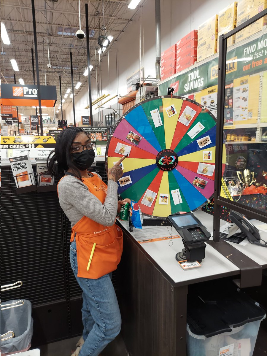 HomeDepot110's tweet photo. They were caught practicing GET behaviors!! So they were invited to spin the prize wheel!! #customerservice #store0110 #GET #workfun #Smiles https://t.co/K2tHCOTmpE