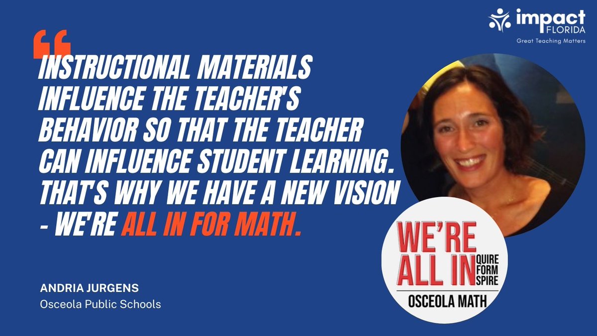 ImpactFla's tweet photo. Thanks so much to Andria Jurgens of @Osceolaschools for sharing about her leadership in the math materials selection process. We're so glad to hear she's using resources from the Math Materials Cadre in her district!
#MathMaterialsMatter @UPDConsulting #DistrictsforImpact https://t.co/CwJv1ddk3m