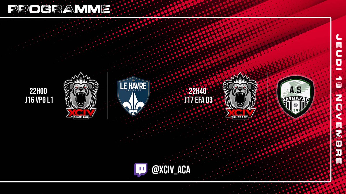 EsportXCIV's tweet photo. 🔴 MatchDay &amp; Lineup ⚫

🏆 CDF @VPGFrance_ 

🆚️ @FCCHOMAGE__ 

🏆 @VPGFrance_ Ligue 1 

🆚️ @LHeFootPS4 

🏆 @eSportFA_FR Division 3 

🆚️ @ASAesport_ 

📺 Rendez-vous dès 21h sur notre chaîne 
https://t.co/oB6AcG1tKh

@XciVesport @Mehdichkr https://t.co/MAVBPlFiwd