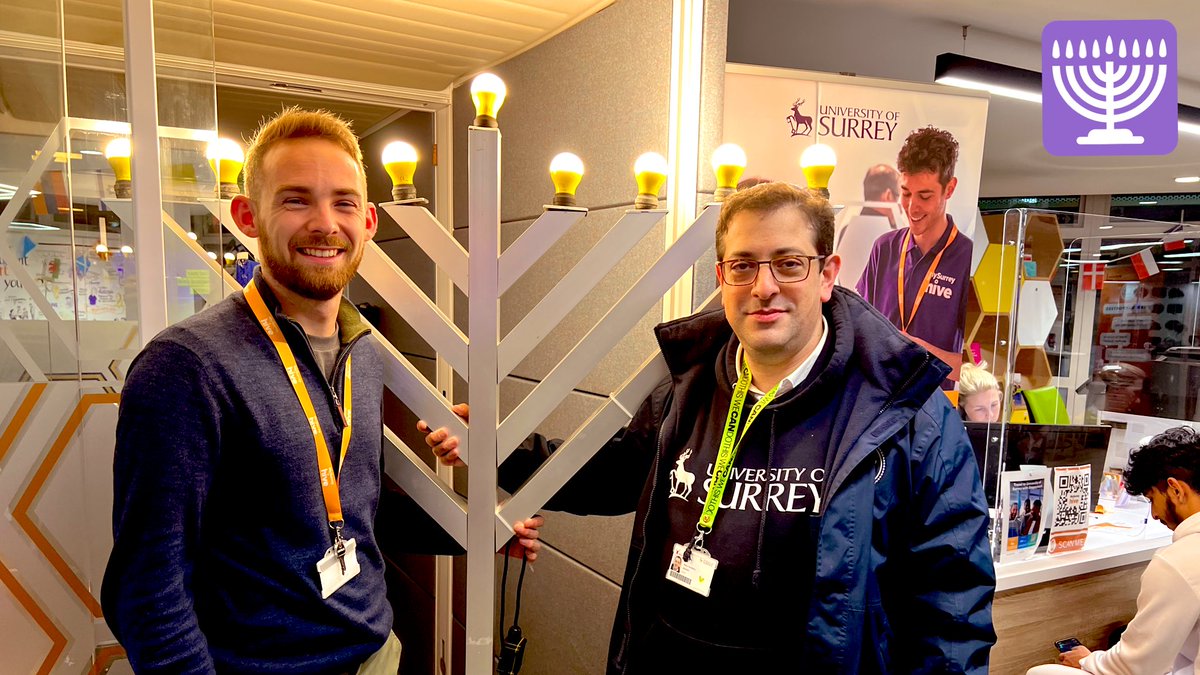 Testing the Chanukiah out with <a href="/UniOfSurrey/">University of Surrey</a> legend <a href="/DanJacobs73/">Dan Jacobs</a> … we got a bit of a woooo when we turned them on in the <a href="/SurreyStudent/">MySurrey Hive</a>  Hive. Soon they will be placed outside for the Festive Season and our public lighting… #ChanukahIsComing
