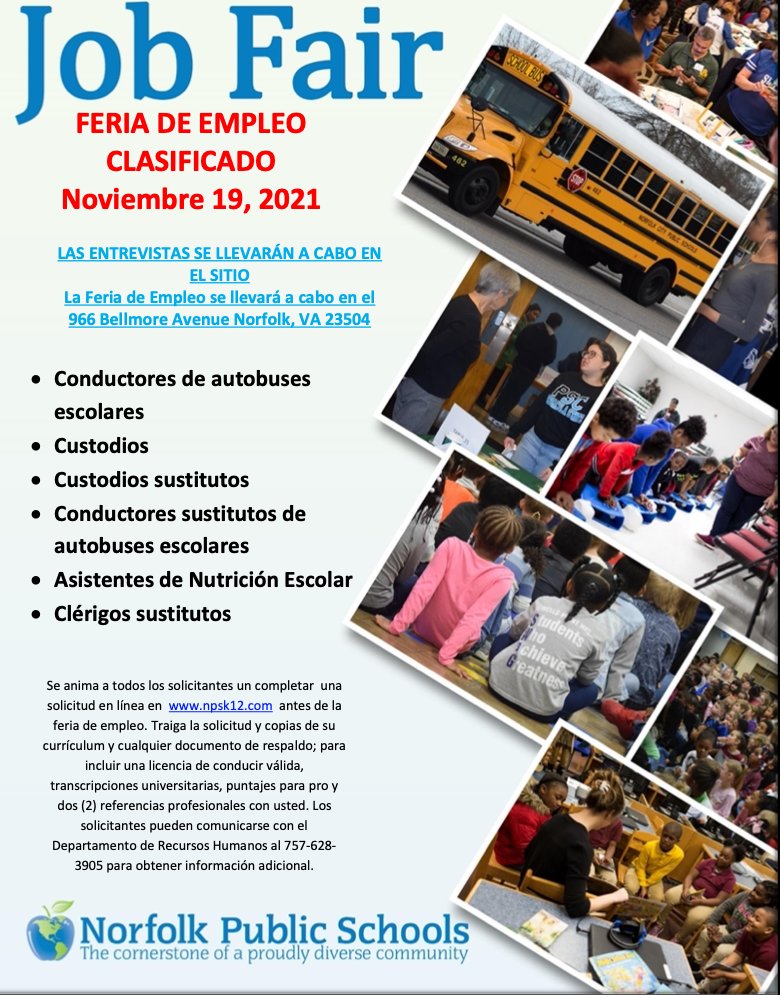 NPS is hosting an in-person #JobFair for classified positions on 11/19/21, from 9 AM - 12 PM at 966 Bellmore Avenue in Norfolk.

*INTERVIEWS WILL BE CONDUCTED ON SITE* 

Applicants are encouraged to complete an online application: npsk12.com.

#WeAreNPS  #JoinOurTeam