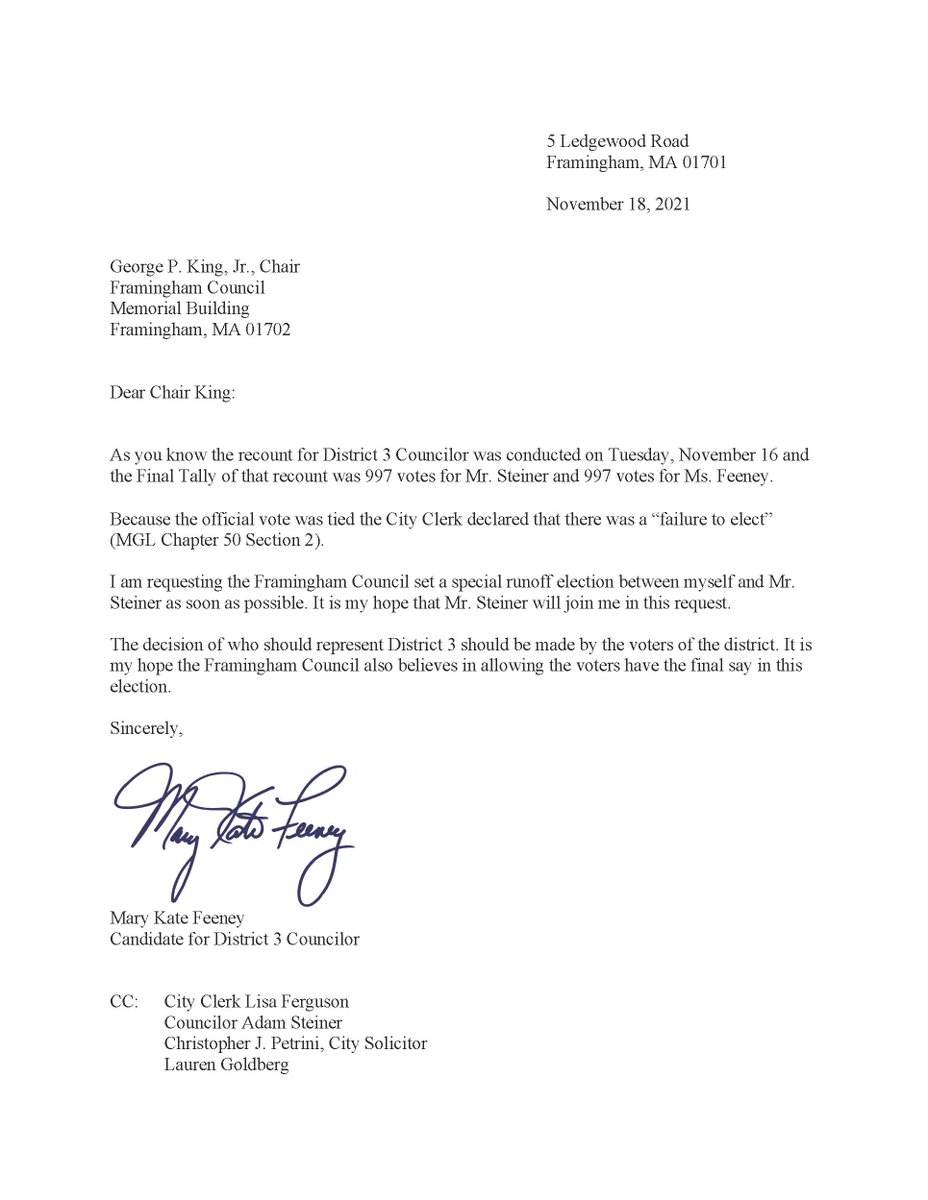 feeney4fram's tweet photo. This morning I sent a letter to Council Chair George King requesting the Council set a runoff election between Vice Chair Steiner and myself as soon as possible. #frampoli #mapoli https://t.co/NBb9Bp3rnP