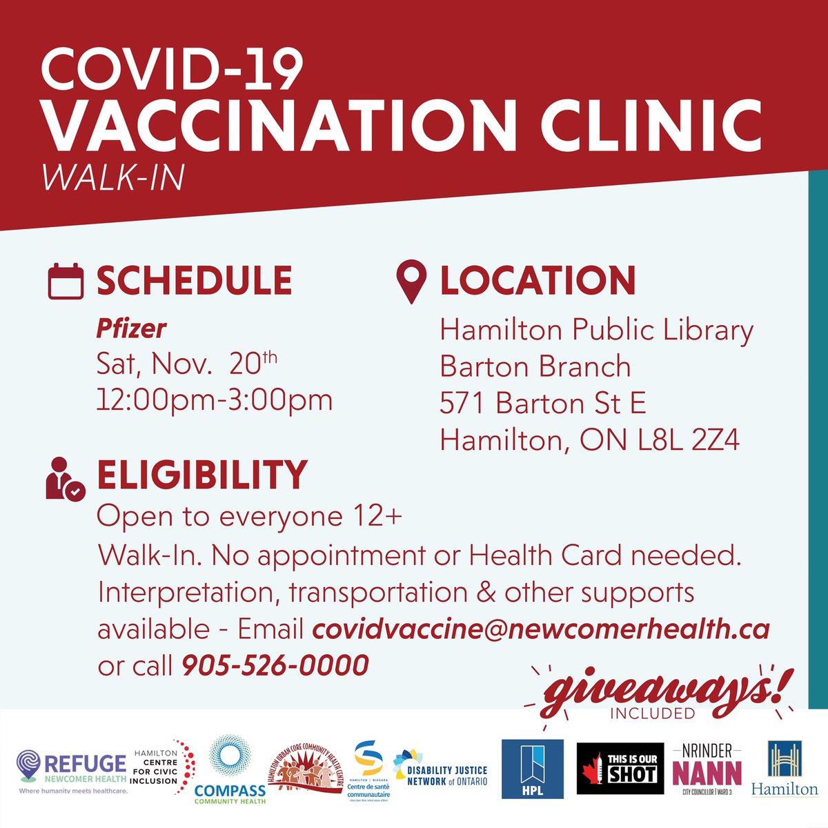 Refuge_HCNH's tweet photo. We’re back @hamiltonlibrary Barton Branch this Saturday
🗓 Saturday Nov 20
⏰ 12:00-3:00
💉Pfizer, 1st, 2nd, 3rd doses
🙋🏾Everyone 12+
📍571 Barton St E
🙋🏽❓ about the vaccine? Drop by & chat with our medical team
📧Covidvaccine@newcomerhealth.ca for support
#HamOnt #Covid_19 https://t.co/YKBjaVQgBL