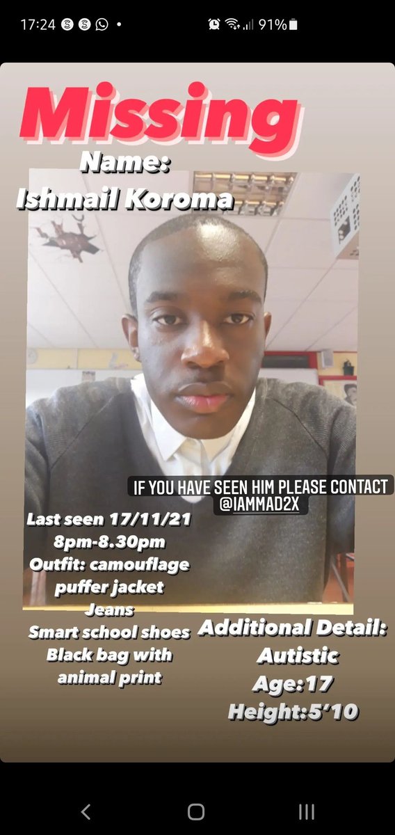 MISSING PERSON:
Please RT or Share around:
Last seen around South East London/ Lewisham. He's my friends brother so any help will greatly be appreciated. Please contact me or the insta profile below if you've seen him or heard anything, thank you