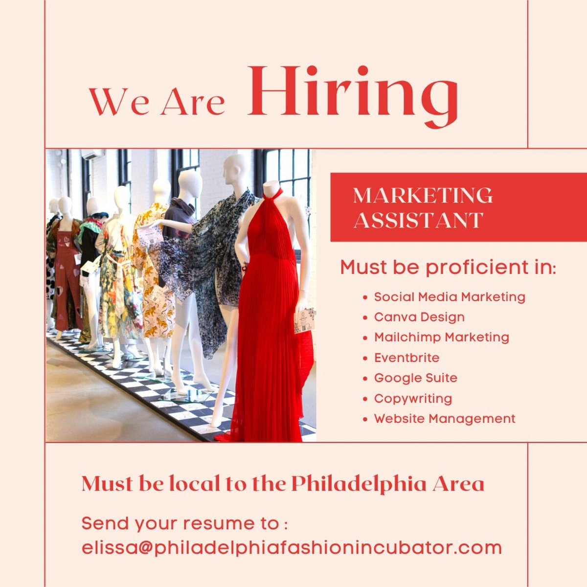 PhilaIncubator's tweet image. We are hiring!!!
Looking for a highly motivated individual with experience in multiple areas of digital marketing to fill our Marketing Assistant role. Interested? Email your resume to elissa@philadelphiafashionincubator.com!