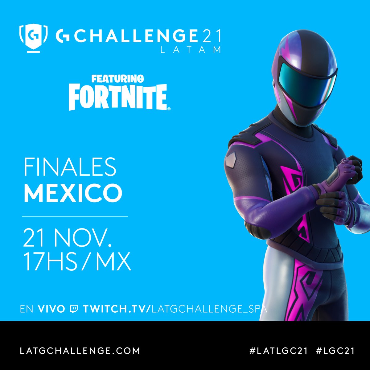 Apunta estas fechas! 📝
Durante este fin de semana se definirá quien se lleva la gloria de cada región en el torneo de #Fortnite de este Logitech G Challenge😎

No olvides registrarte en latgchallenge.com para seguir la agenda completa de G Challenge 21