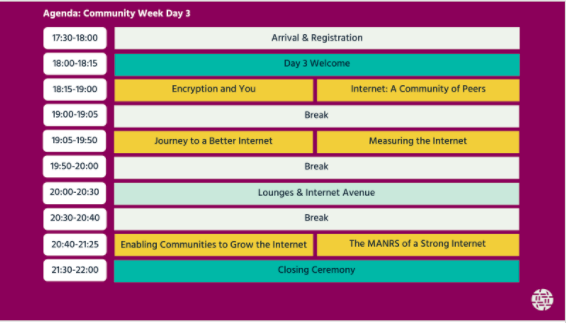 ISOC_MiddleEast's tweet photo. Here's the agenda for Day 3 of Community Week. Last day to check out all the theme park has to offer! #CommunityWeek21 https://t.co/3EbUr7fvcI
