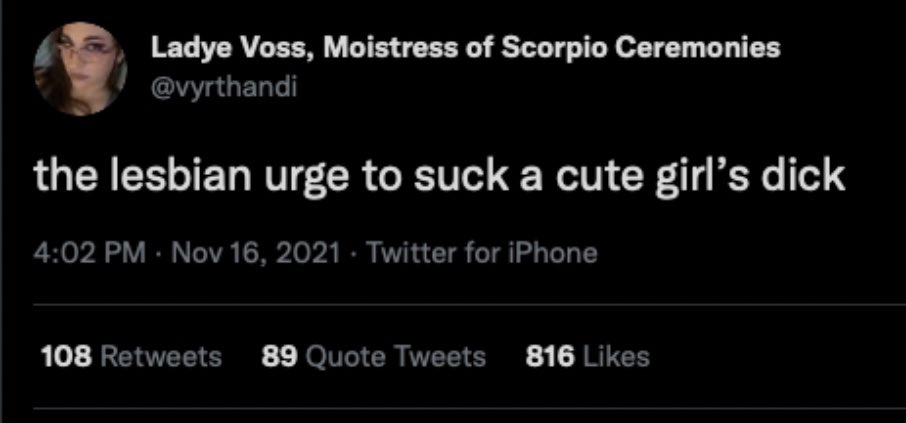 ArielleScarcell's tweet photo. the lesbian urge to puke while reading this https://t.co/5Q5sJC8Hc7