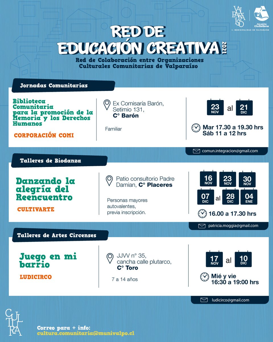 TAguilarValpo's tweet photo. ¡Nos vemos en tu barrio! ✌ #Programacion2021 Participa de las actividades de la Red de Educación Creativa 💚 con la colaboración de diversas Organizaciones Culturales Comunitarias de Valparaíso, gratuitas y presenciales ✨ #Valparaiso https://t.co/HYYhBSAogj