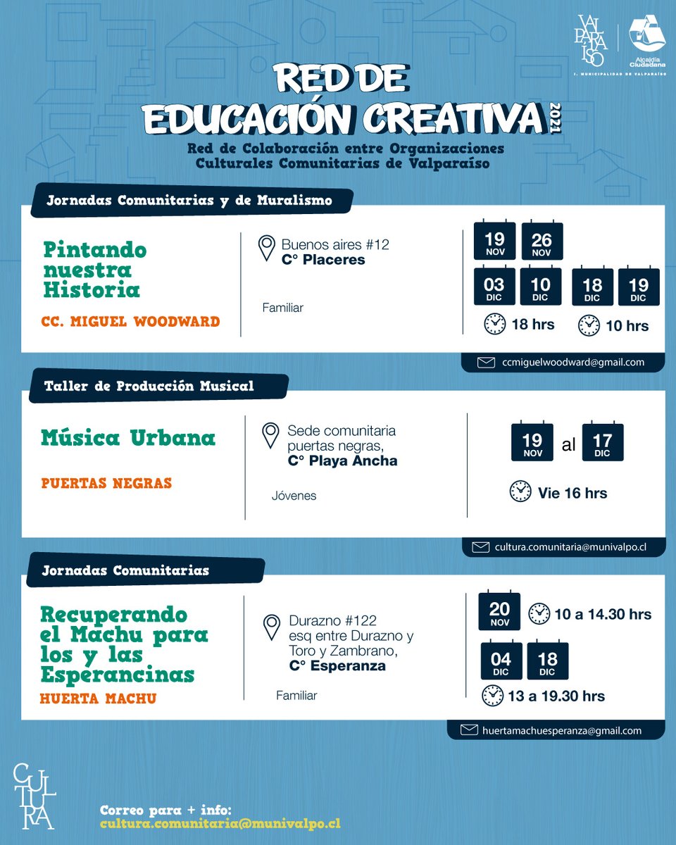 TAguilarValpo's tweet photo. ¡Nos vemos en tu barrio! ✌ #Programacion2021 Participa de las actividades de la Red de Educación Creativa 💚 con la colaboración de diversas Organizaciones Culturales Comunitarias de Valparaíso, gratuitas y presenciales ✨ #Valparaiso https://t.co/HYYhBSAogj