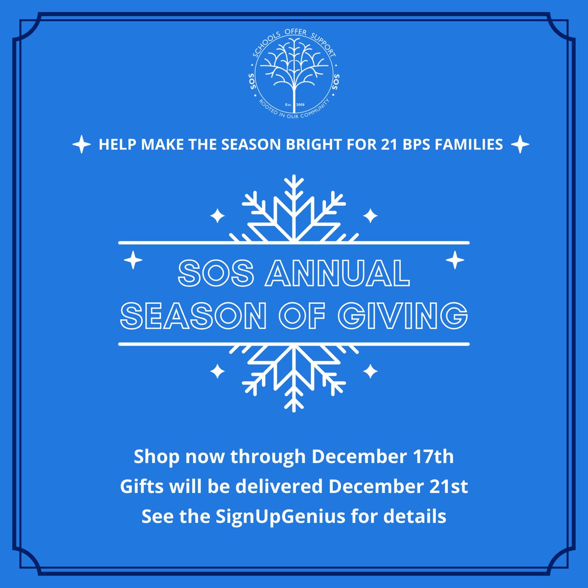 Schools Offer Support is working to make this season special for 21 BPS families and you can help. Shop for items from the SignUpGenius through Friday, December 17th. See all the details in the SignUpGenius link. #SOSSeasonOfGiving
signupgenius.com/go/409044eaeab…
