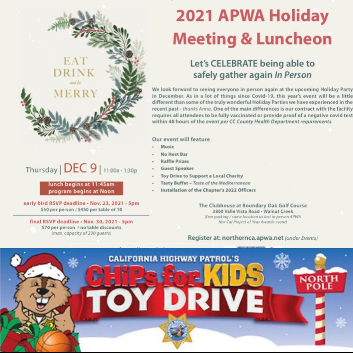 Eat, Drink and be Merry! Registration open now for APWA Northern California Chapter annual holiday party! Please join us in this charitable event where you can help us donate toys to kids in needs for Toys for Tots! 

#apwa #publicworks #givingback #holidayspirit