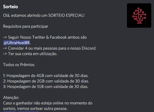 SORTEIO ESPECIAL!
Link do Discord, Facebook e Twitter:
-> ultrahostbr.com/discord
-> facebook.com/ultrahostbr
-> x.com/ultrahostbr

Marquem pessoas &amp; Retweetem!