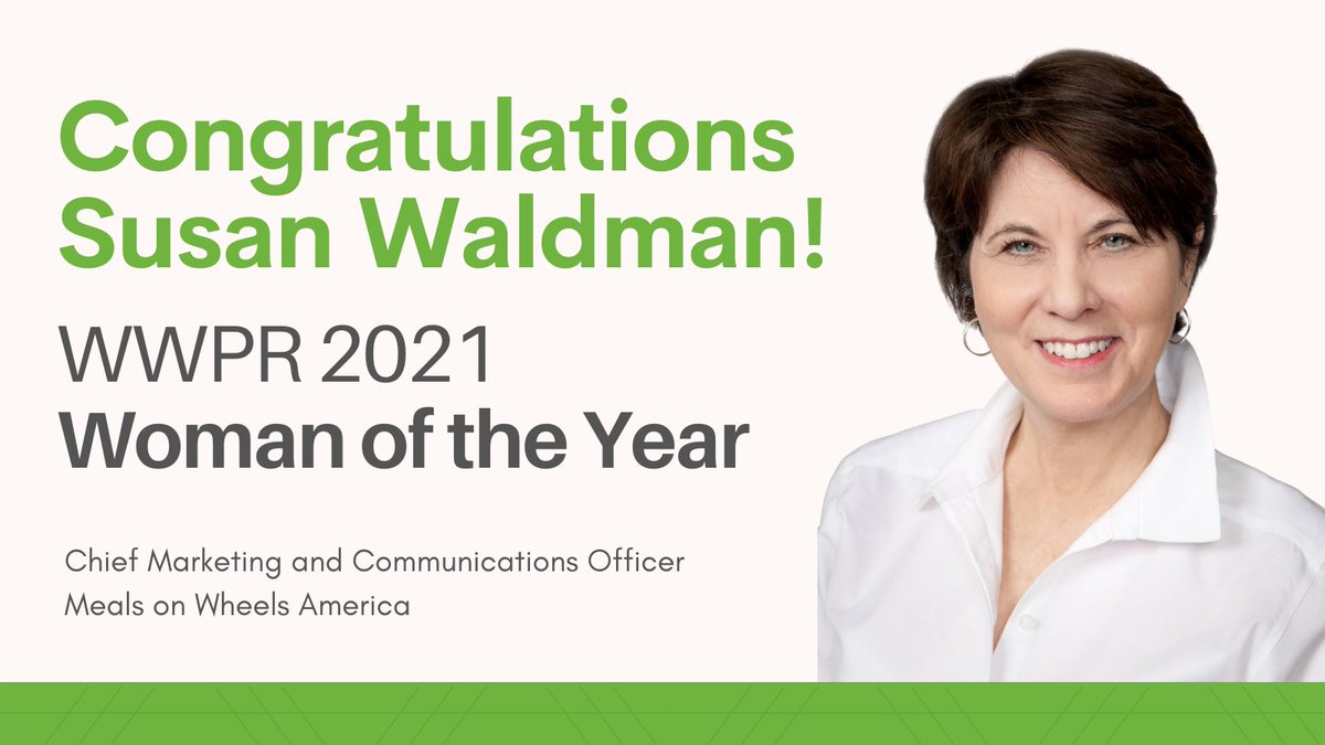 Washington Women in Public Relations (@wwpr) on Twitter photo Congratulations to our 2021 WWPR Woman of the Year, Susan Waldman, Chief Marketing and Communications Officer of Meals on Wheels America! This award is so richly deserved! 🎉 #WOY2021 <a href="/_MealsOnWheels/">Meals on Wheels</a> Congratulations to our 2021 WWPR Woman of the Year, Susan Waldman, Chief Marketing and Communications Officer of Meals on Wheels America! This award is so richly deserved! 🎉 #WOY2021 <a href="/_MealsOnWheels/">Meals on Wheels</a>