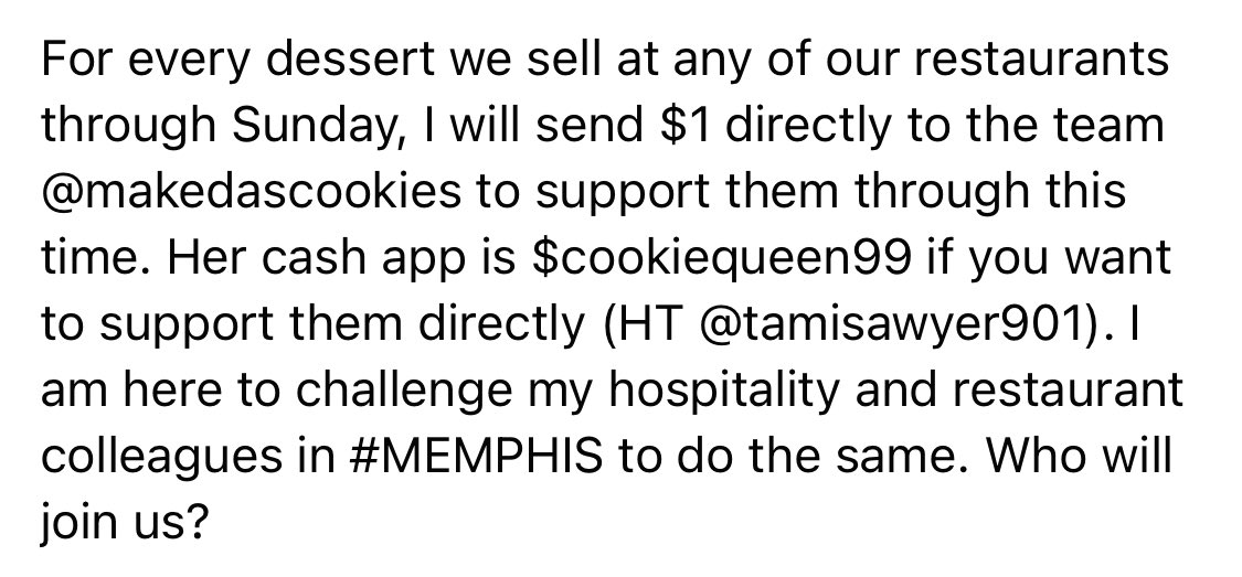 We are giving $1 for every dessert we sell at any of our restaurants through Sunday directly to <a href="/MAKEDAS_COOKIES/">Makeda's Cookies</a>. I am challenging every #MEMPHIS restaurant to hop on board. Who will join us? What would you do if you were the one boarded up?