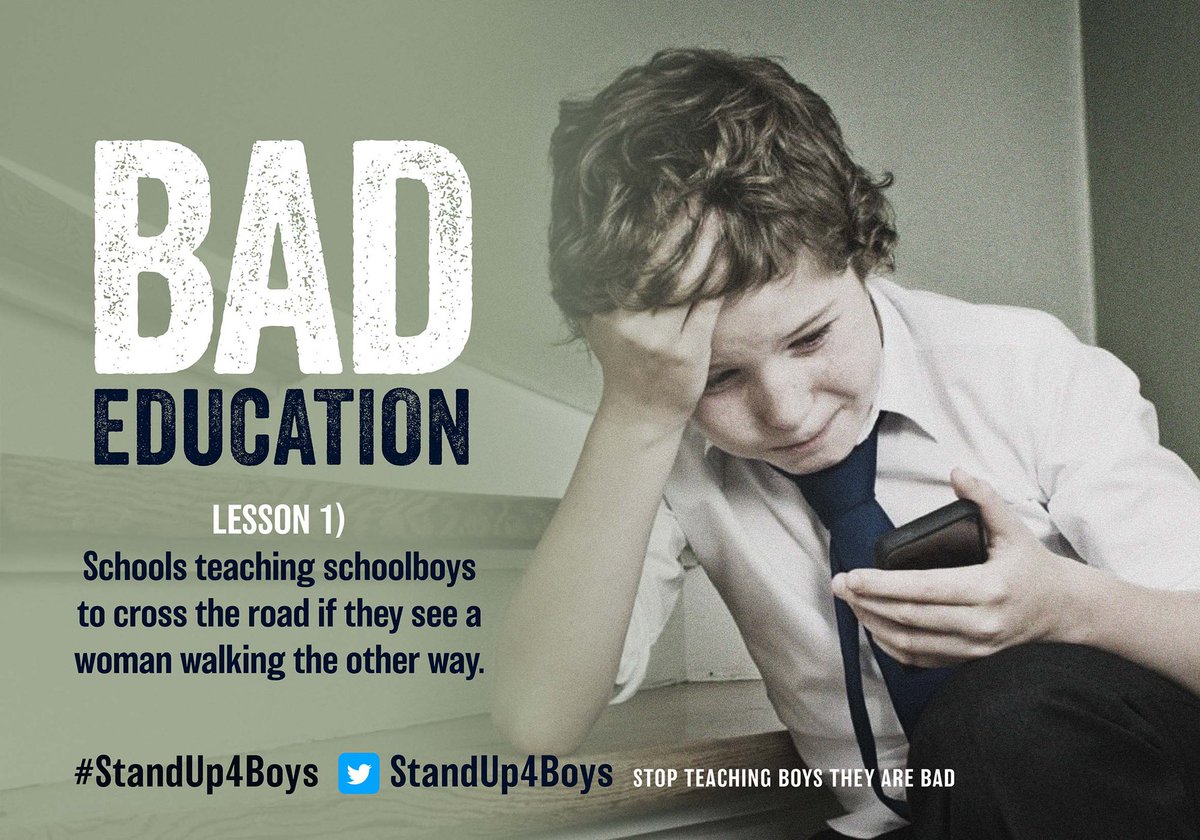StandUp4Boys's tweet photo. INTERNATIONAL MEN’S DAY: BAD EDUCATION Lesson 1) Schools teaching schoolboys to cross the road if they see a woman walking the other way @StandUp4Boys #StandUp4Boys #BadEducation #IMD2021 #InternationalMensDay https://t.co/esEmvJPNKR