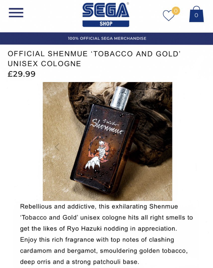 “For the discerning on the go gentleman who just wants to avenge his father and find some sailors”

We may have bought some questionable Shenmue merch over the years, but we think we’ll pass on this one🤢😂

#shenmue #ryohazuki #shenmuecologne #sega #segashop #saveshenmue #nerdod