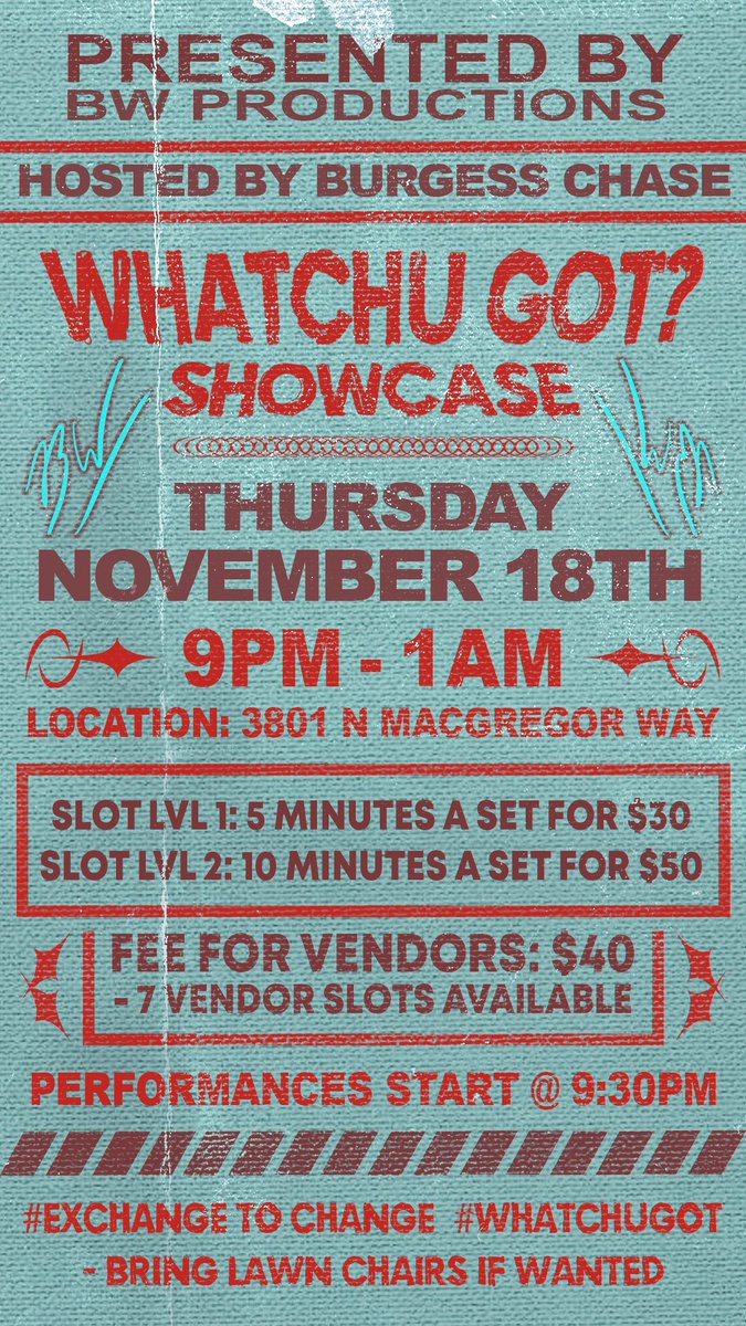 theburgessw's tweet photo. Houston, TX🤘🏽Tonight we’re @ Exchange to Change for #WhatchuGot 3801 N MacGregor Way in 3rd Ward🔥
We still have slots available & will begin performances @ 9:30pm. $5 at the door w/ FULL BAR + FOOD SOLD!!
https://t.co/hDd4zJCyiW https://t.co/7bZXtYlSIH