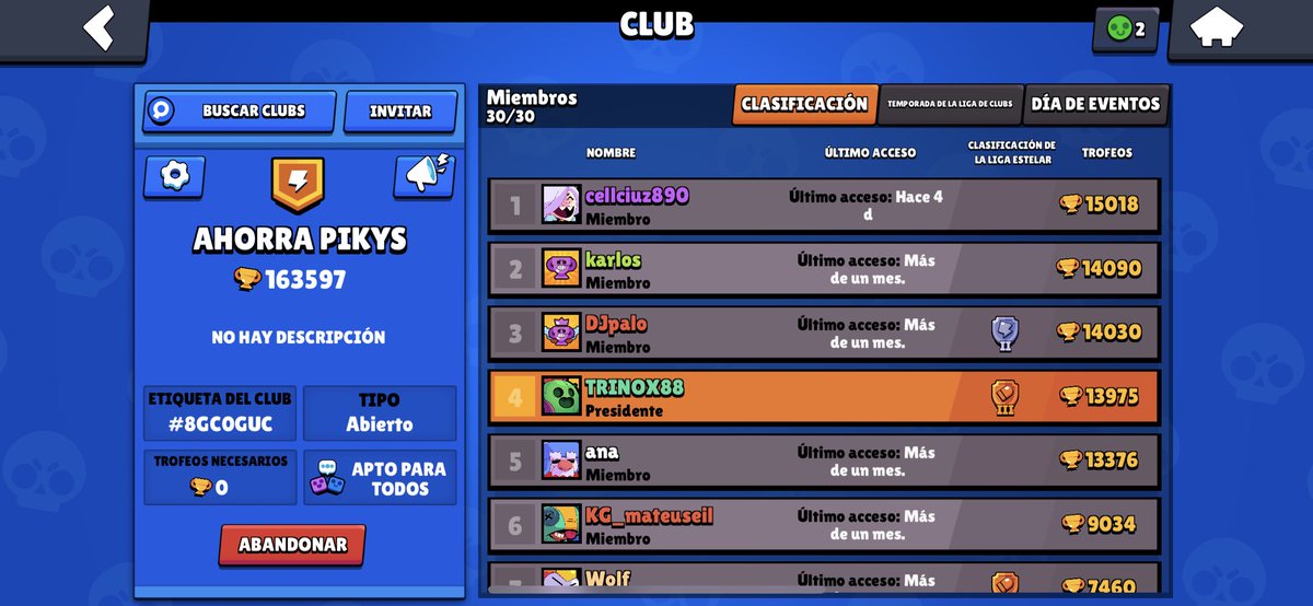 Trinox88's tweet photo. Busco gente activa para subir copas y jugar club de @BrawlStarsES @LatamBrawlStars #BrawlStars #brawlstarsclub https://t.co/wvapM6tR4Y