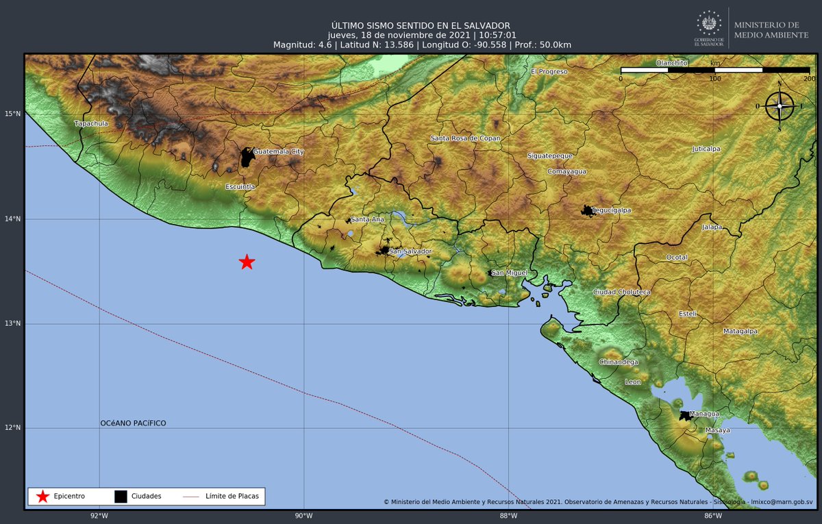 MedioAmbienteSV's tweet photo. 📌#ElObservatorioInforma DATOS FINALES: Sismo mag. 4.6, frente a la costa de Guatemala. A 62.0 km al oeste de Barra de Santiago. Prof. 50 km. [2021-11-18, 11:23:46] https://t.co/XJQ5reETkm