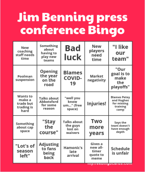 Adam_Pyde's tweet photo. I got a bingo card ready for Benning's press conference #Canucks #FireBenning https://t.co/uT9e3cc3KY