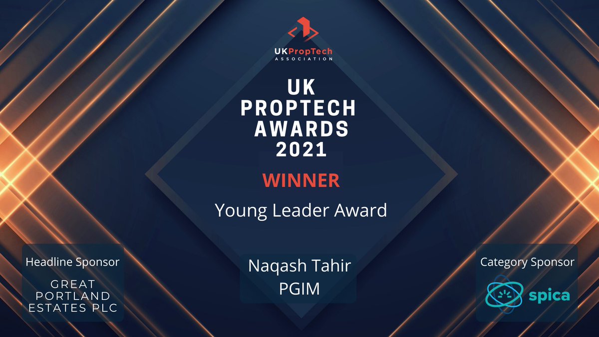 And the WINNER of the *Young Leader Award* sponsored by @spicatech is…Naqash Tahir, Director at <a href="/pgim/">PGIM</a>
Congratulations Naqash!! 
 #UKPropTechAwards2021 #PropTech