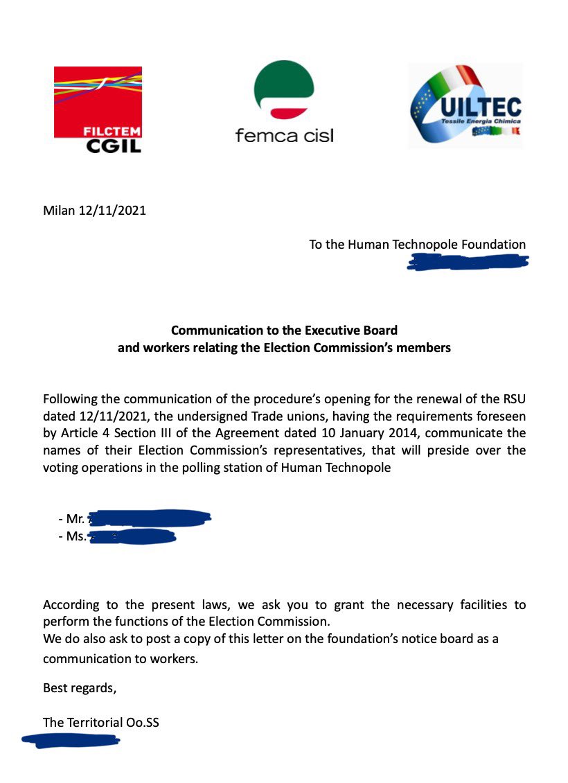 marcosimoni_'s tweet photo. Da vecchio studioso di relazioni industriali trovo stupenda la versione inglese della nomina della commissione elettorale per l’elezione della RSU di @humantechnopole (siamo bilingui, al momento persone di 18 nazionalità lavorano a HT). (1/3) https://t.co/7Aek938jDZ