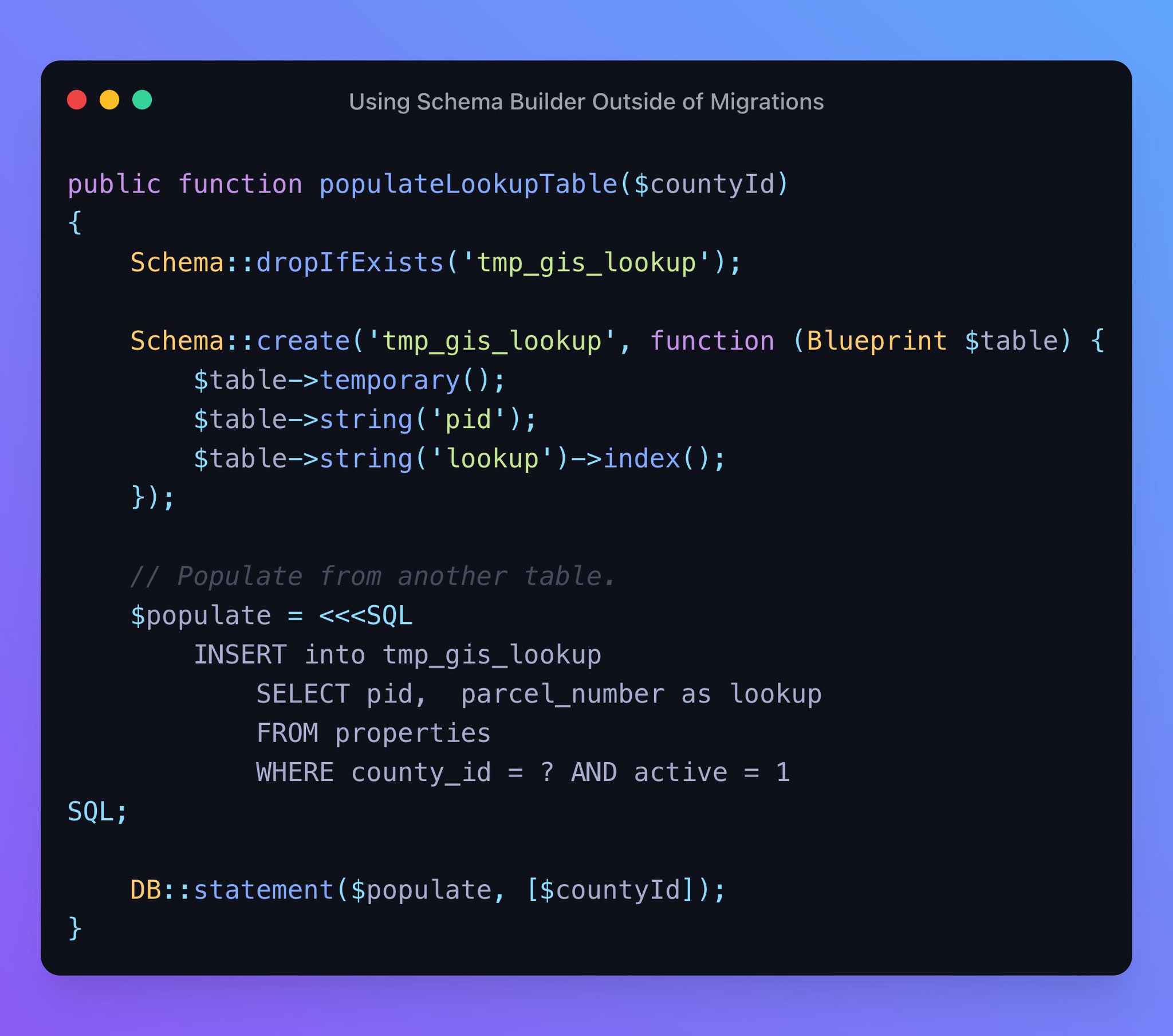 You can use Schema methods — e.g. table() or create() — outside of migrations