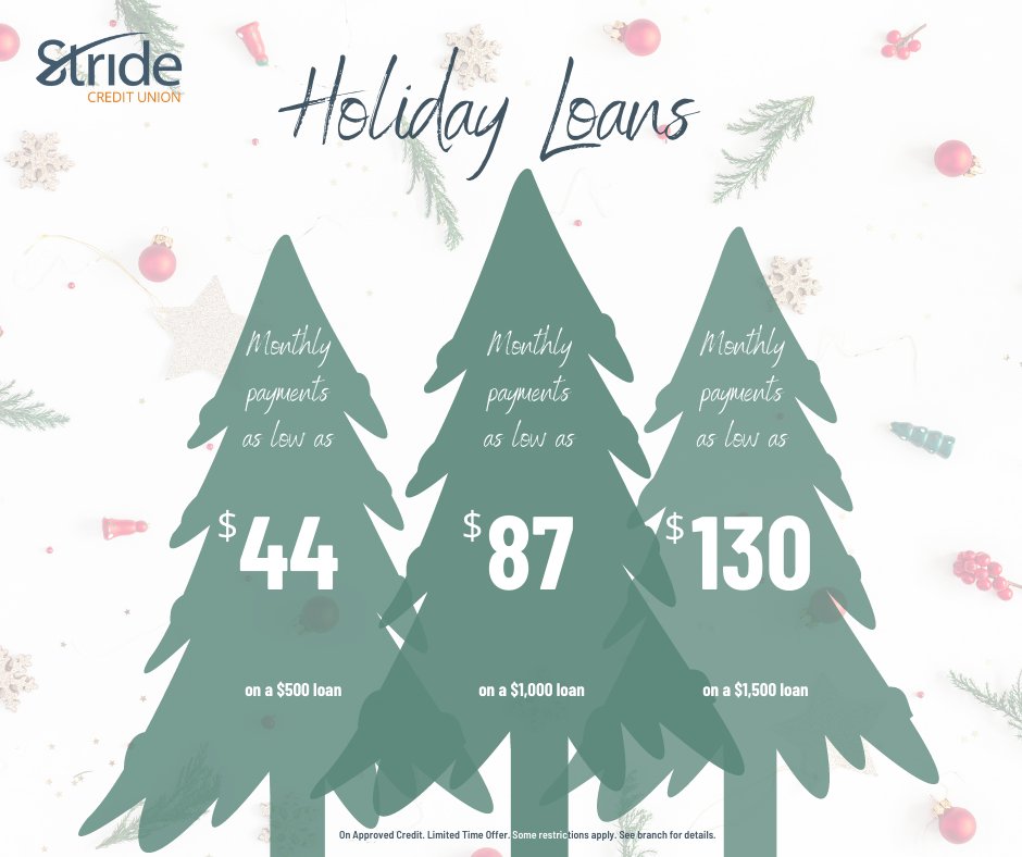 Ho Ho Holiday Loans are back! Monthly payments as low as $44 on a $500 loan to help with holiday expenses. Our staff are ready to set you up! Call 877-228-2636 or email contactus@stridecu.ca to book an appt. #StrideCU #herewegrow #holidayloans