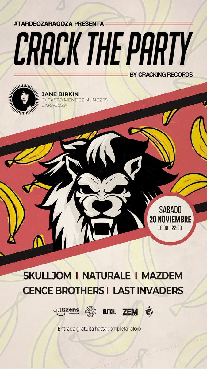 ¡¡Este sábado nos vamos de <a href="/tardeozaragoza/">#TardeoZaragoza</a> con <a href="/CrackingRecords/">Cracking Records</a>!! ¿Te lo vas a perder? Mucho artistazo junto <a href="/Mazdem_/">Mazdem</a> <a href="/SKULLJOM/">☠SK U L L J O M☠</a> <a href="/NaturaleMusic/">Naturale</a> y <a href="/CenceBrothers/">Cence Brothers</a> 💃🏼💃🏼💃🏼💃🏼