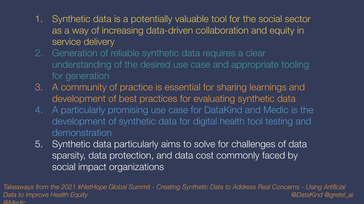 DataKind's tweet image. What an an incredible week so far at @NetHope_org&apos;s 20th Global Summit! Check out takeaways from today&apos;s session by #DataKinders @tali_launch @augustincaitlin and partners @gretel_ai @Medic @NissaniData @RockefellerFdn ! #dataforgood #NetHopeSummit2021 #data #ai