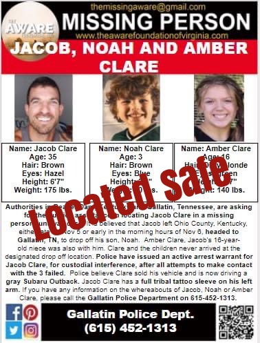 aware_the's tweet photo. UPDATE:  GREAT NEWS to update about the AMBER Alert out of Gallatin....
Noah Clare and Amber Clare have been found, just outside of San Clemente, CA. 
Both are SAFE and sound!
Jake Clare is in custody. https://t.co/aSa7x2kC5Y