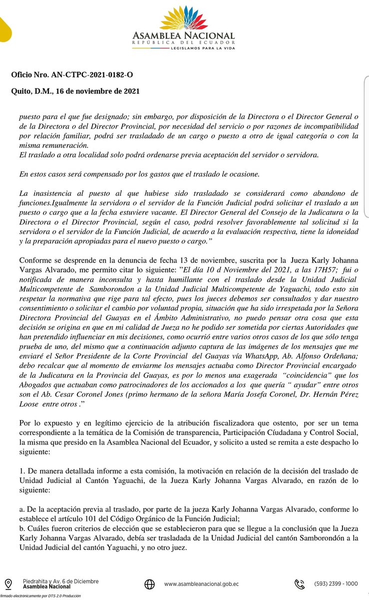 FerdinanAZ87's tweet image. 📌A mi despacho llegó una denuncia por presunta corrupción en @CJGuayas por traslado y presión a jueces por parte de ciertos funcionarios.
Por tratarse de un tema de alarma social, que atañe a la institucionalidad de la función judicial he solicitado información a @CJudicaturaEc.