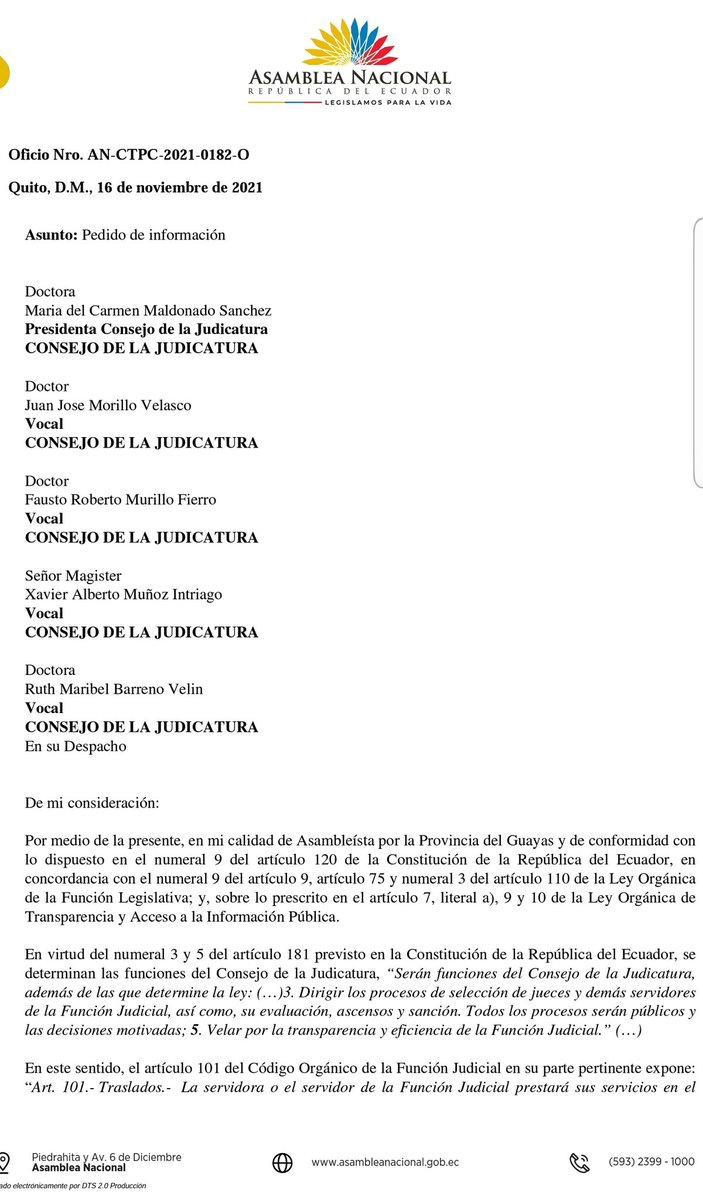 FerdinanAZ87's tweet image. 📌A mi despacho llegó una denuncia por presunta corrupción en @CJGuayas por traslado y presión a jueces por parte de ciertos funcionarios.
Por tratarse de un tema de alarma social, que atañe a la institucionalidad de la función judicial he solicitado información a @CJudicaturaEc.