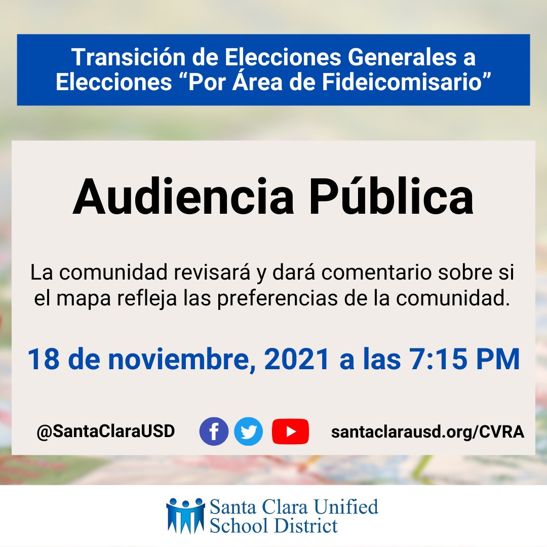 REMINDER: Public Hearing today 

We invite the community to review and provide feedback on whether the map of boundary lines for the transition from at-large elections to “by-trustee” area elections reflects the community’s preferences. bit.ly/37fKbPE