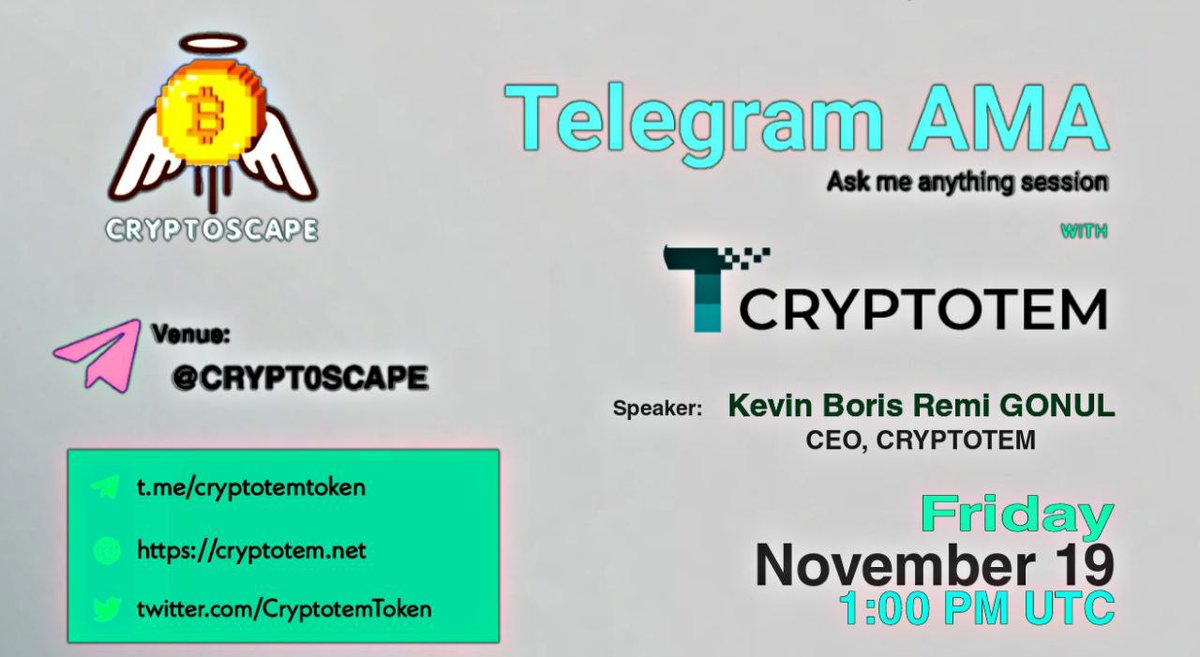 Cryptoscape1's tweet photo. Cryptoscape will hold an #AMA With Cryptotem on 19 Nov 2021 at 1 PM UTC

 Venue:https://t.co/uMdunoHK7T 

Rules: 
🔸Like and Retweet 
🔸Follow @Cryptoscape1 and @CryptotemToken
✍Comment 3 best questions and tag 3 Friends

Website: https://t.co/sqFEEYHSC8 https://t.co/cavNTaMUV3
