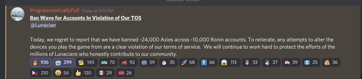 We have banned ~24,000 Axies across ~10,000 Ronin accounts.  

We will continue to work hard to protect the efforts of the millions of Lunacians who honestly contribute to our community.