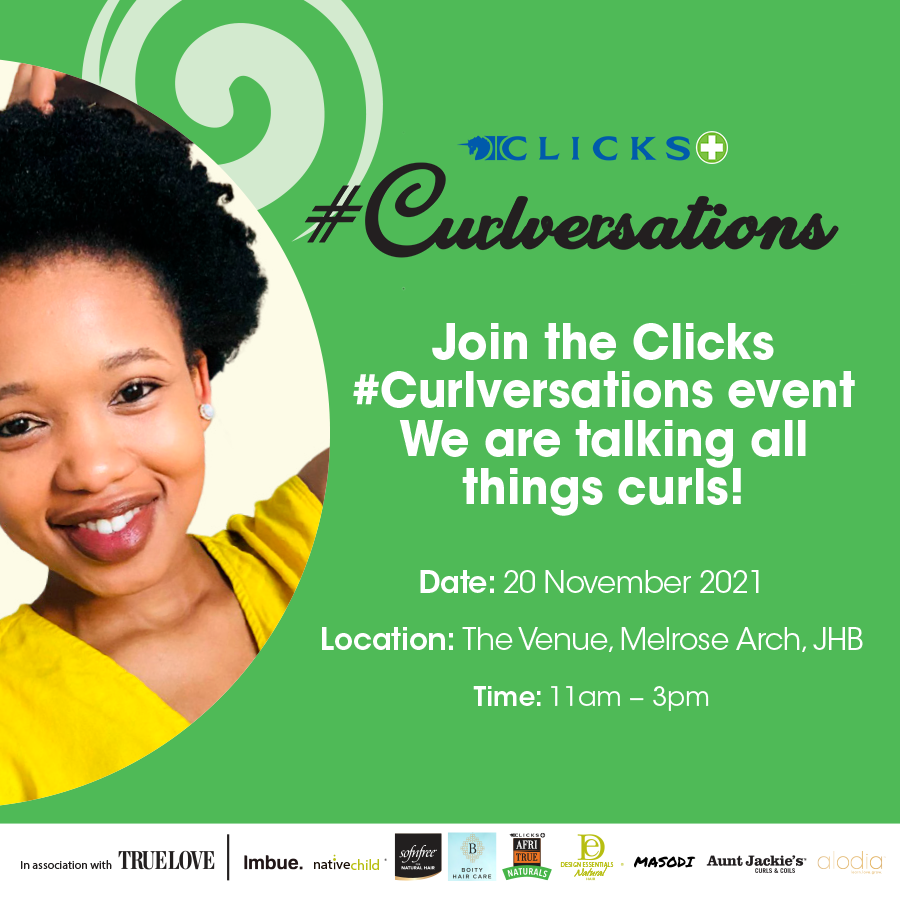 Clicks_SA's tweet photo. Tune in to our Facebook Live this Saturday, 20 November for our #Curlversations event for tips and tricks and all things curls with your favourite brands.
#Curlversations #AfriTrue #Imbue #AuntJackie's #BoityHaircare and more.
Join event here > https://t.co/Ik3ZNbBmPQ https://t.co/z5oaesfvgN