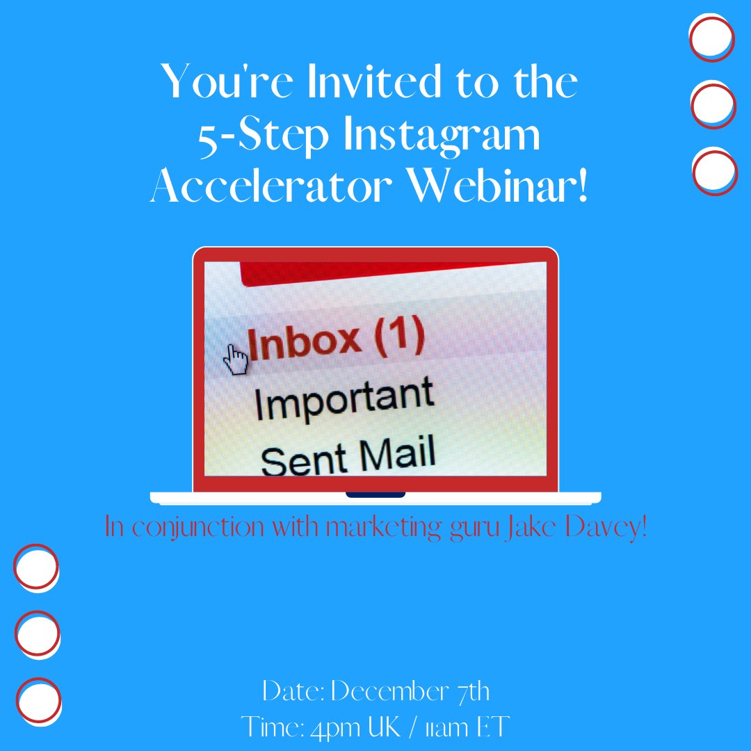 antoniothornton's tweet photo. Are you ready for our Instagram webinar with Jake Davey?
Join us on December 7th at 4 pm, UK time or 11 am Eastern time.
Like & RT to spread the word!
#marketingguru #entrepreneurcoach #webinarinvite #acceleratorwebinar #5stepprocess #comejoinus #yourinvited #instagramcoach https://t.co/xS29etJe2R