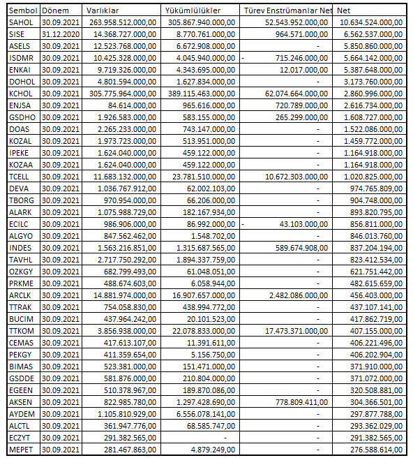 Döviz fazlası en fazla olan şirketler.
