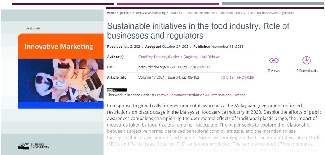 IM_journal_BP's tweet photo. ๐ https://t.co/AP7Q4lsugI
๐ Sustainable initiatives in the food industry: Role of businesses and regulators
๐ฅ Geoffrey Tanakinjal, Alesia Gugkang, Haji Rithuan
#biodegradablestraws #consumerattitude #foodoperators #theoryofplannedbehavior https://t.co/W1KFjls80p
