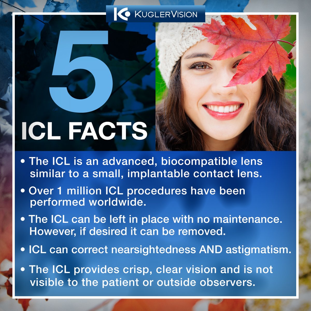 KuglerVision's tweet image. The majority of people who are currently in glasses or contact lenses will qualify for a vision correction procedure. One of our most popular options is ICL– the implantable permanent contact lens. Here are 5 facts about this life-changing procedure.

#ICL #visualfreedom #KVision